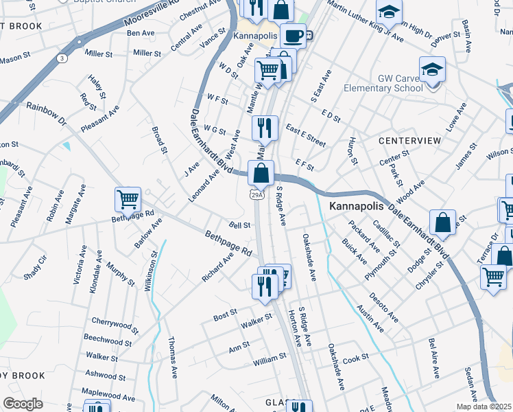 map of restaurants, bars, coffee shops, grocery stores, and more near 620 South Main Street in Kannapolis