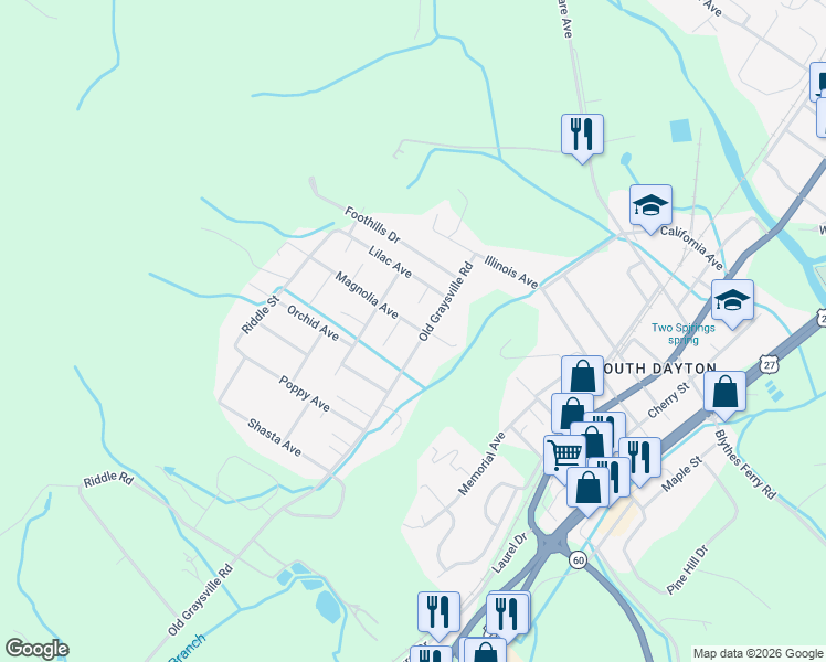 map of restaurants, bars, coffee shops, grocery stores, and more near 346 Old Graysville Road in Dayton