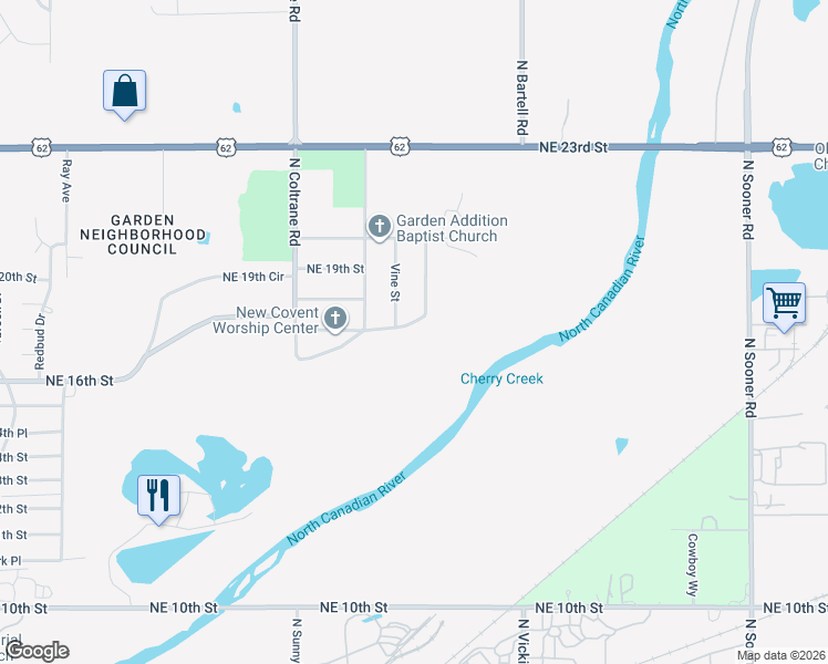 map of restaurants, bars, coffee shops, grocery stores, and more near 4412 Northeast 16th Terrace in Oklahoma City