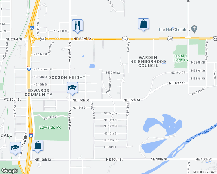 map of restaurants, bars, coffee shops, grocery stores, and more near 1817 Overbrook Drive in Oklahoma City