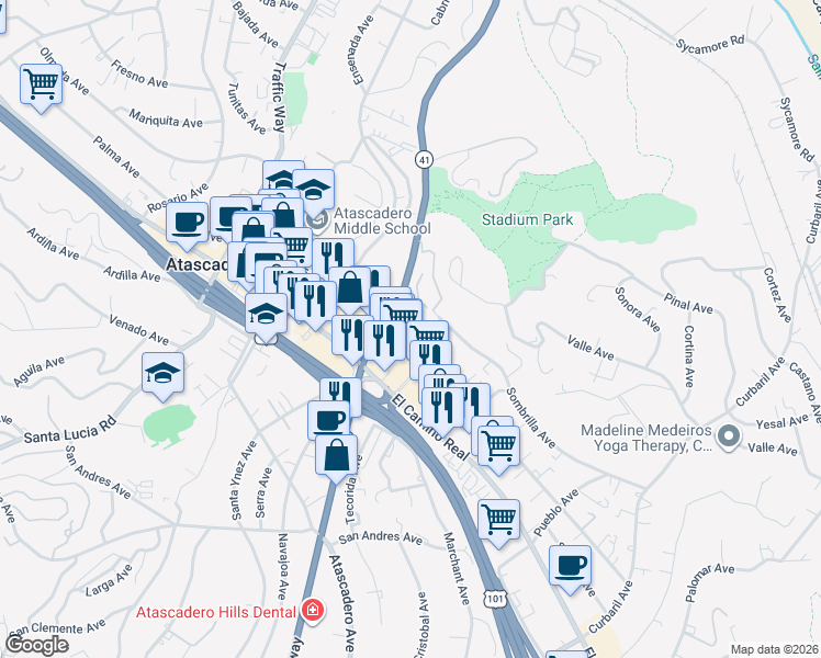 map of restaurants, bars, coffee shops, grocery stores, and more near 7065 Santa Ysabel Avenue in Atascadero