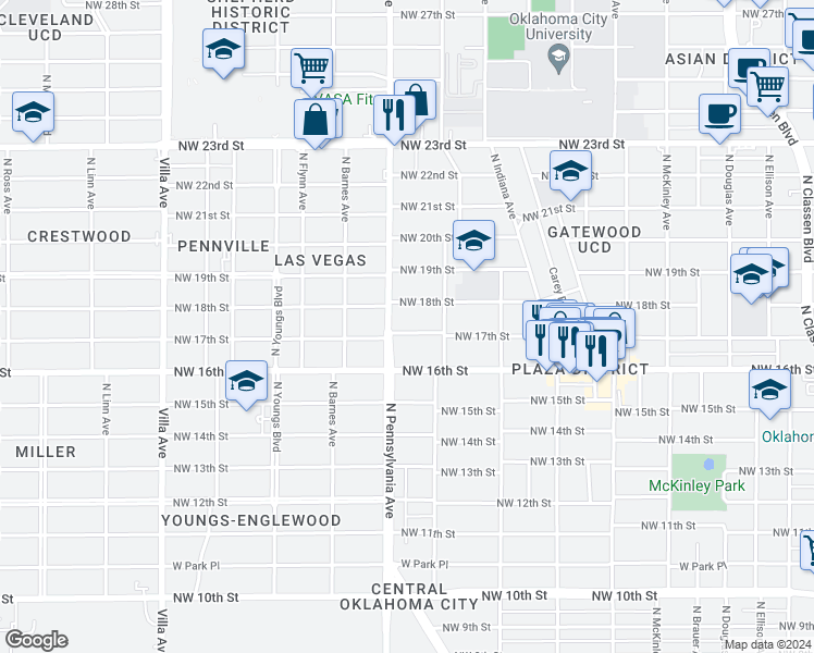 map of restaurants, bars, coffee shops, grocery stores, and more near 2027 Northwest 17th Street in Oklahoma City