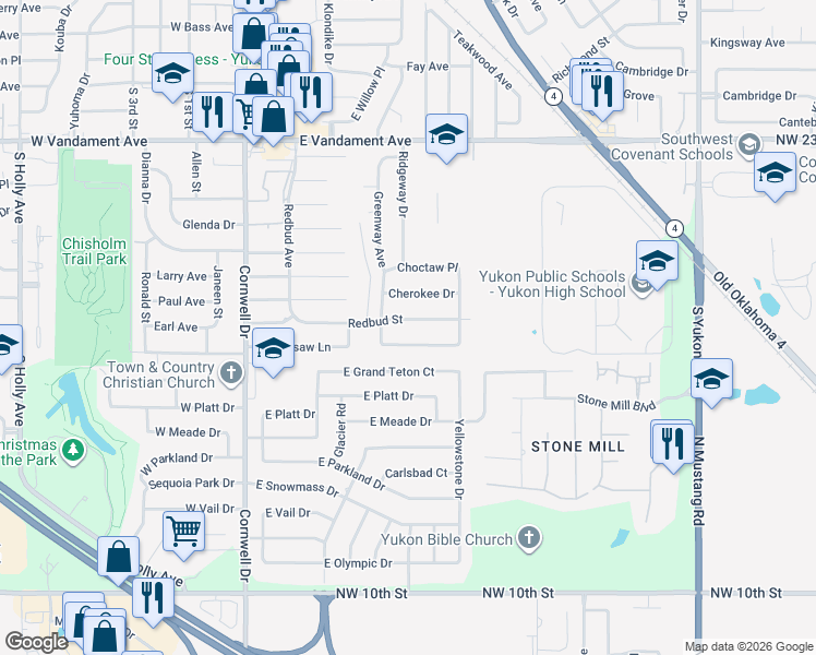 map of restaurants, bars, coffee shops, grocery stores, and more near 329 Chickasaw Lane in Yukon