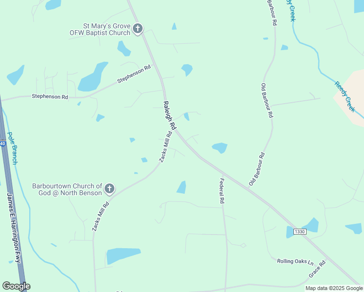 map of restaurants, bars, coffee shops, grocery stores, and more near 8676 Raleigh Road in Benson