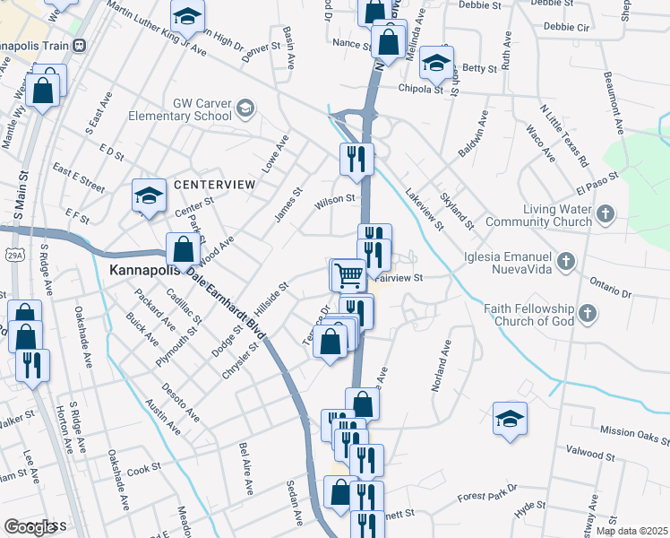 map of restaurants, bars, coffee shops, grocery stores, and more near 304 Dot Avenue in Kannapolis