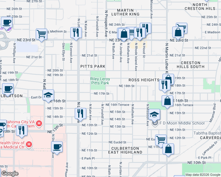 map of restaurants, bars, coffee shops, grocery stores, and more near 1515 Northeast 17th Street in Oklahoma City