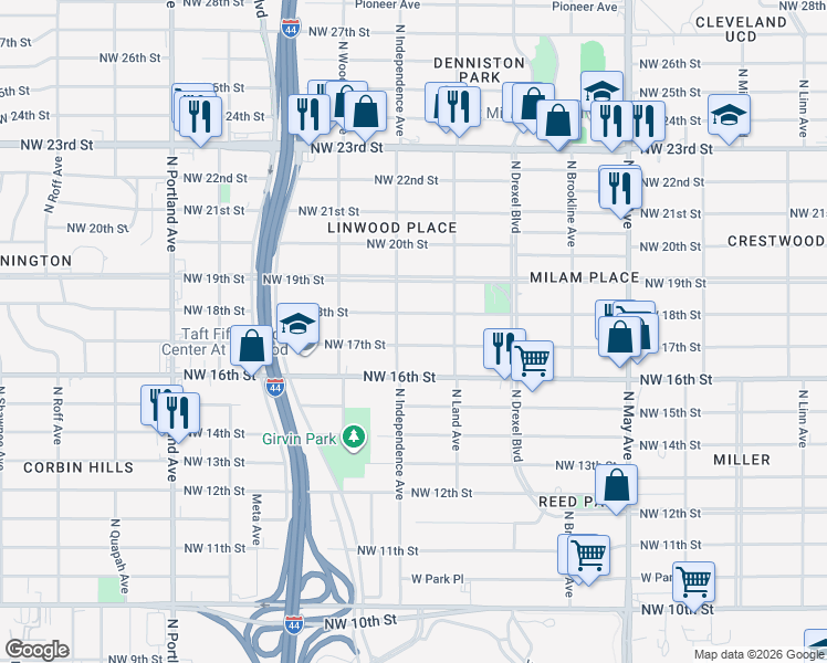 map of restaurants, bars, coffee shops, grocery stores, and more near in Oklahoma City