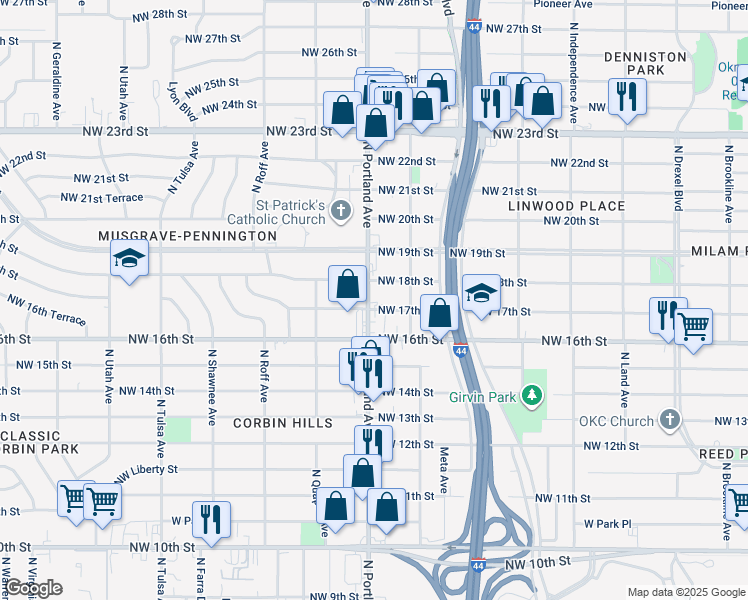 map of restaurants, bars, coffee shops, grocery stores, and more near 3616 Northwest 17th Street in Oklahoma City