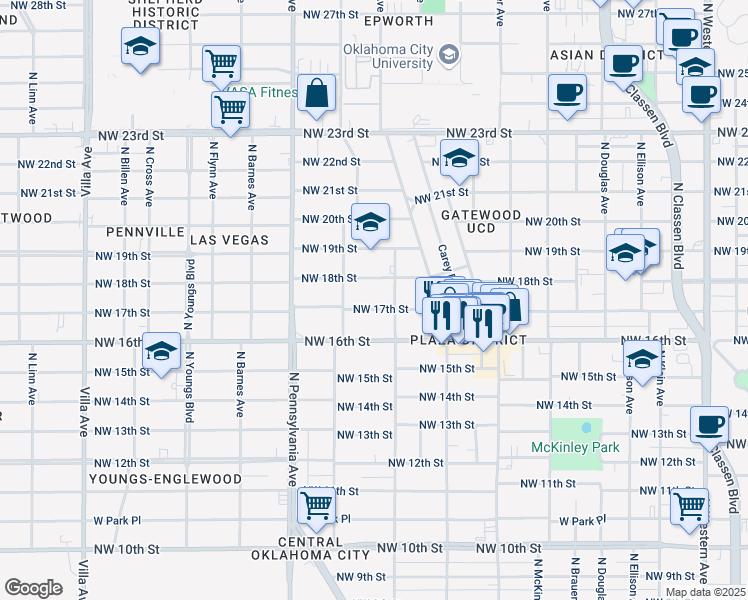 map of restaurants, bars, coffee shops, grocery stores, and more near 1900 Northwest 17th Street in Oklahoma City