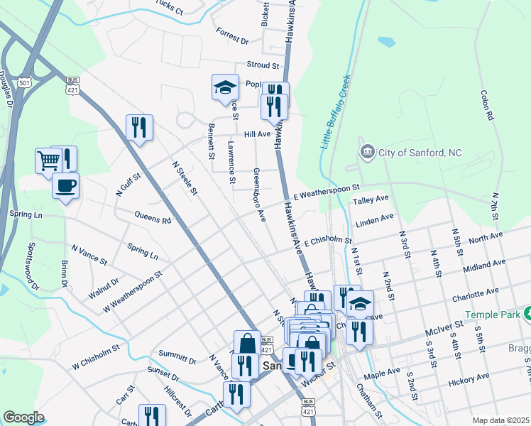 map of restaurants, bars, coffee shops, grocery stores, and more near 118 East Weatherspoon Street in Sanford