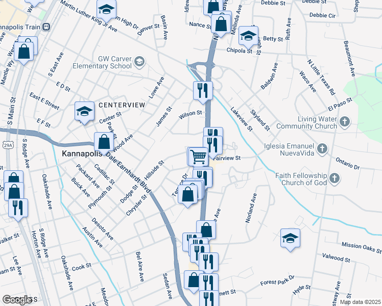 map of restaurants, bars, coffee shops, grocery stores, and more near 304 Dot Avenue in Kannapolis