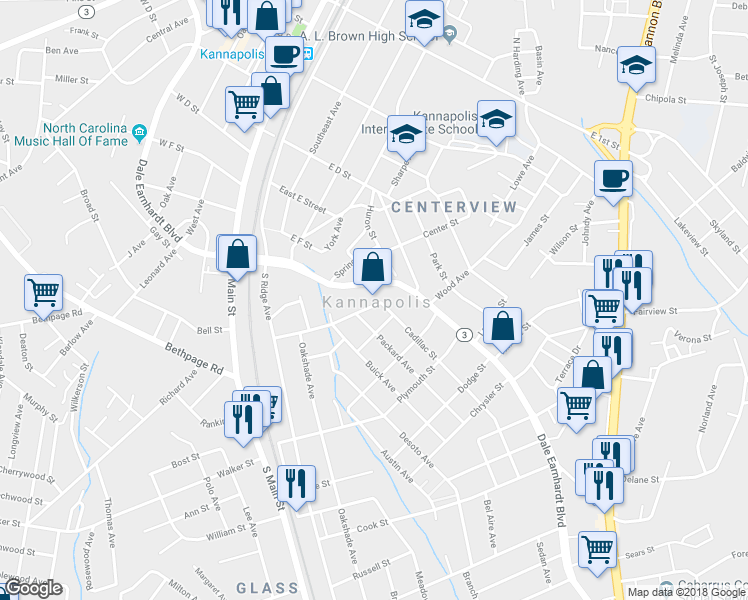 map of restaurants, bars, coffee shops, grocery stores, and more near 507 Cadillac Street in Kannapolis