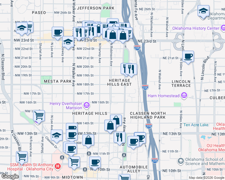 map of restaurants, bars, coffee shops, grocery stores, and more near 1806 North Robinson Avenue in Oklahoma City