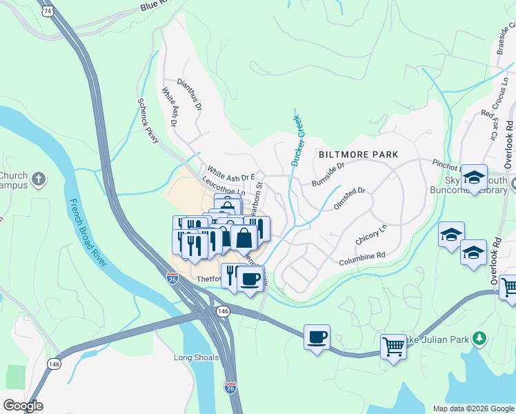 map of restaurants, bars, coffee shops, grocery stores, and more near 3 Dearborn Street in Asheville