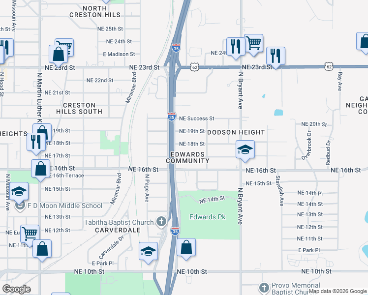 map of restaurants, bars, coffee shops, grocery stores, and more near 2616 Northeast 18th Street in Oklahoma City