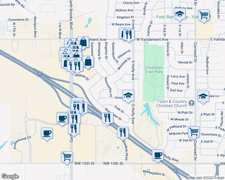 map of restaurants, bars, coffee shops, grocery stores, and more near 1505 Summerton Place in Yukon