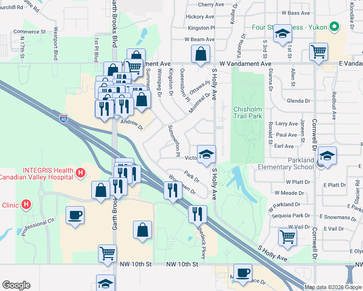 map of restaurants, bars, coffee shops, grocery stores, and more near 1505 Summerton Place in Yukon