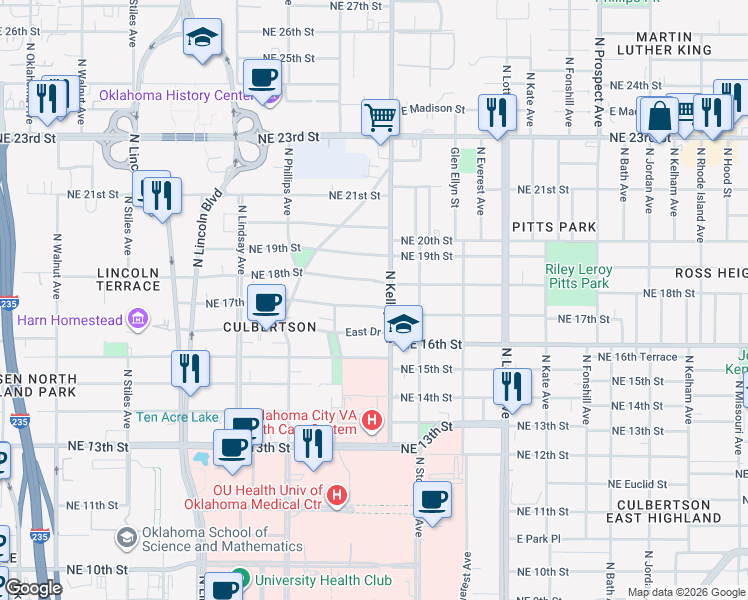 map of restaurants, bars, coffee shops, grocery stores, and more near 926 Northeast 17th Street in Oklahoma City