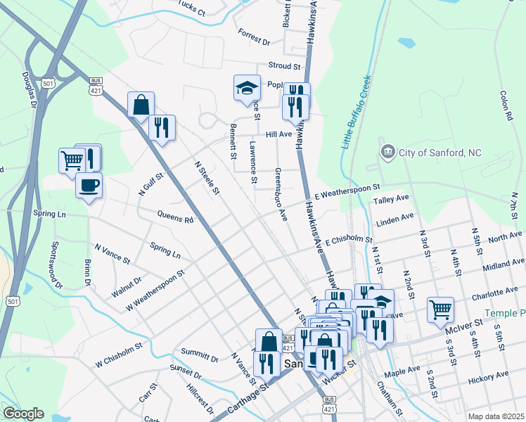 map of restaurants, bars, coffee shops, grocery stores, and more near 103 East Weatherspoon Street in Sanford