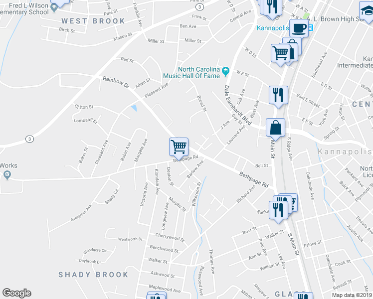 map of restaurants, bars, coffee shops, grocery stores, and more near 601 Rainbow Drive in Kannapolis