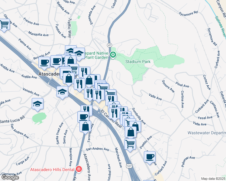 map of restaurants, bars, coffee shops, grocery stores, and more near 7132 Sombrilla Avenue in Atascadero