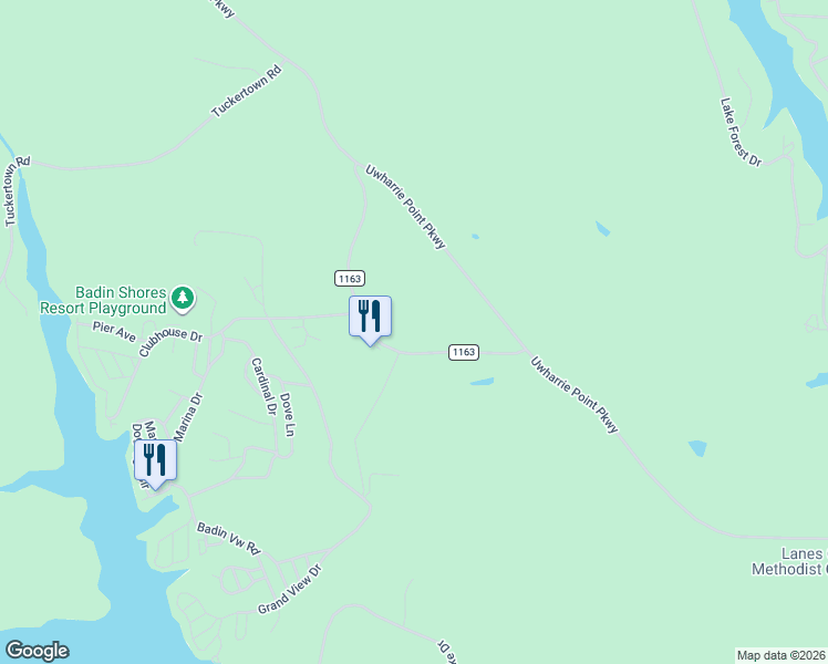 map of restaurants, bars, coffee shops, grocery stores, and more near 307 Badin Shores Circle in New London