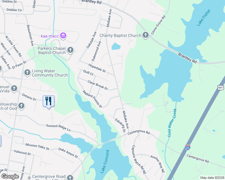 map of restaurants, bars, coffee shops, grocery stores, and more near 2171 Mallard Pointe Drive in Kannapolis