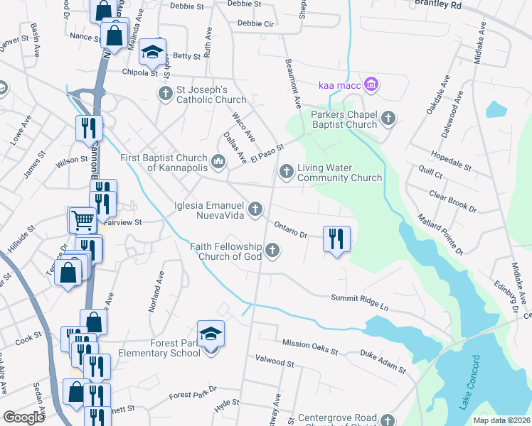 map of restaurants, bars, coffee shops, grocery stores, and more near 200 South Little Texas Road in Kannapolis