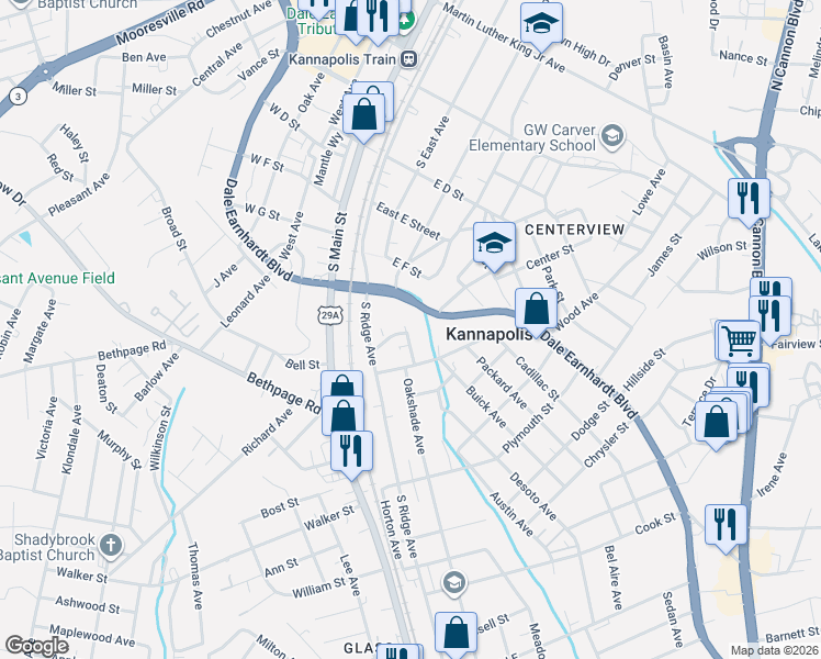 map of restaurants, bars, coffee shops, grocery stores, and more near 612 Oakshade Avenue in Kannapolis