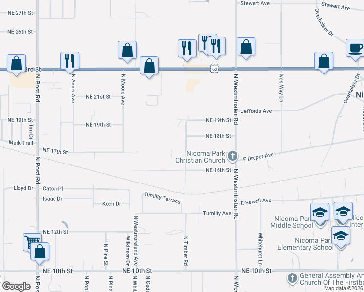 map of restaurants, bars, coffee shops, grocery stores, and more near 10725 Northeast 17th Street in Oklahoma City