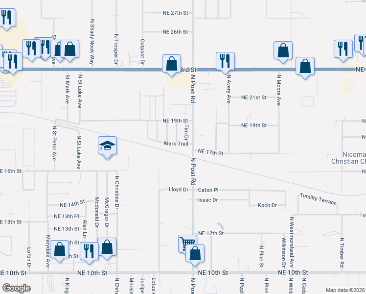 map of restaurants, bars, coffee shops, grocery stores, and more near 9916 Mark Trail in Oklahoma City