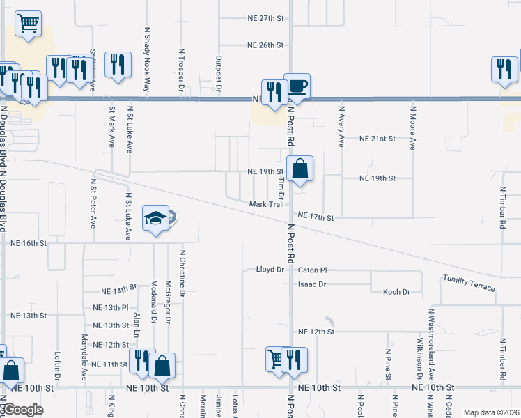 map of restaurants, bars, coffee shops, grocery stores, and more near 9916 Mark Trail in Oklahoma City