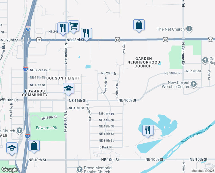 map of restaurants, bars, coffee shops, grocery stores, and more near 1800 Washington Boulevard in Oklahoma City