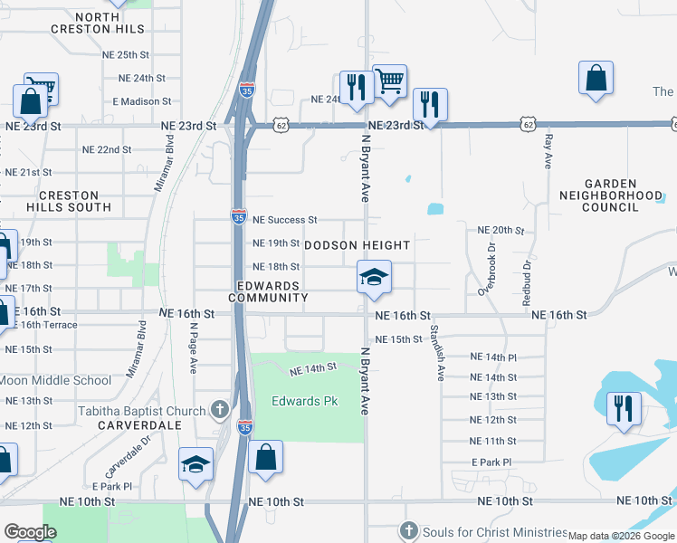 map of restaurants, bars, coffee shops, grocery stores, and more near 2825 Northeast 17th Street in Oklahoma City