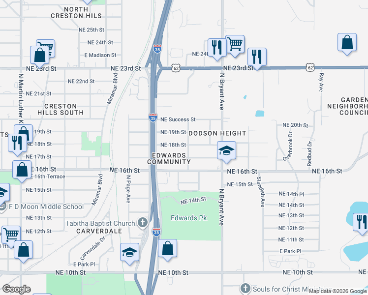 map of restaurants, bars, coffee shops, grocery stores, and more near 2725 Northeast 17th Street in Oklahoma City