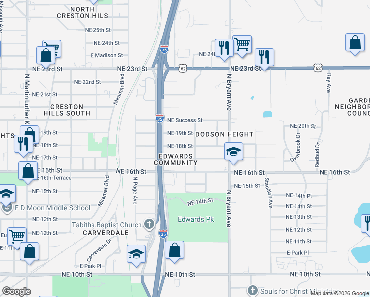 map of restaurants, bars, coffee shops, grocery stores, and more near 2725 Northeast 17th Street in Oklahoma City