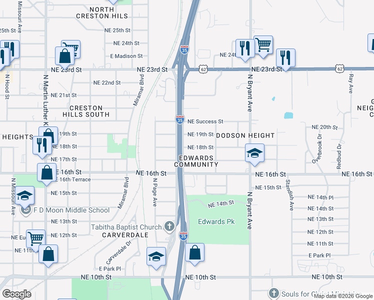 map of restaurants, bars, coffee shops, grocery stores, and more near 2621 Northeast 17th Street in Oklahoma City