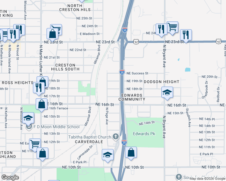 map of restaurants, bars, coffee shops, grocery stores, and more near 2505 Northeast 17th Street in Oklahoma City