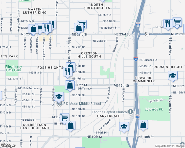 map of restaurants, bars, coffee shops, grocery stores, and more near 2125 Northeast 17th Street in Oklahoma City