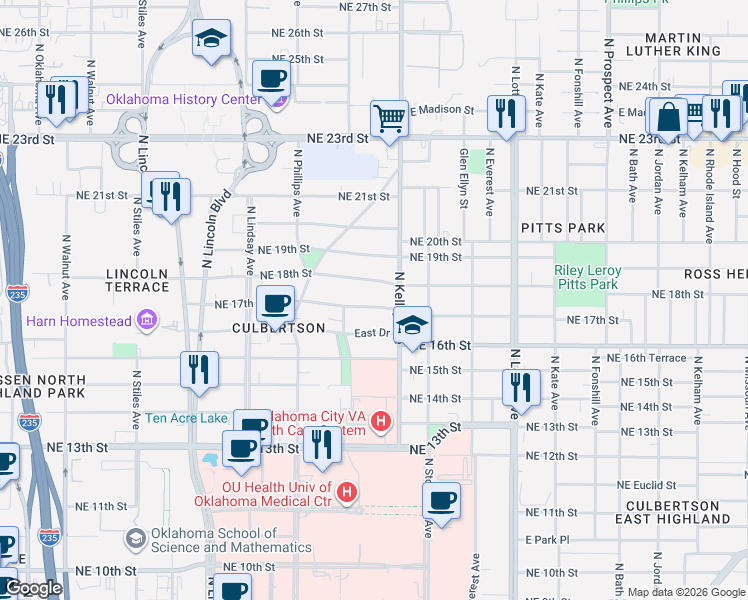 map of restaurants, bars, coffee shops, grocery stores, and more near 926 Northeast 17th Street in Oklahoma City