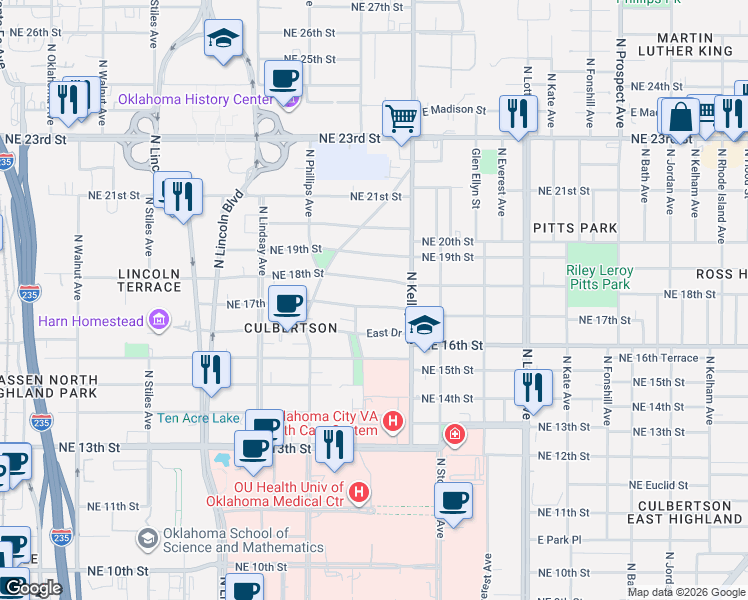 map of restaurants, bars, coffee shops, grocery stores, and more near 926 Northeast 17th Street in Oklahoma City