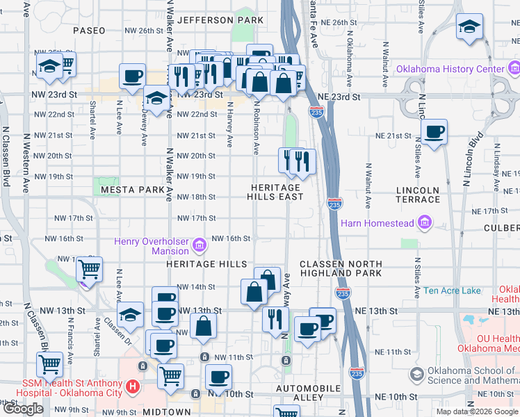 map of restaurants, bars, coffee shops, grocery stores, and more near 119 1/2 Northwest 17th Street in Oklahoma City