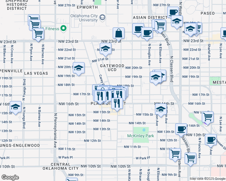map of restaurants, bars, coffee shops, grocery stores, and more near 1708 Northwest 17th Street in Oklahoma City