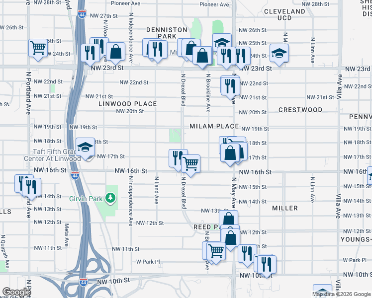 map of restaurants, bars, coffee shops, grocery stores, and more near 1801 North Drexel Boulevard in Oklahoma City