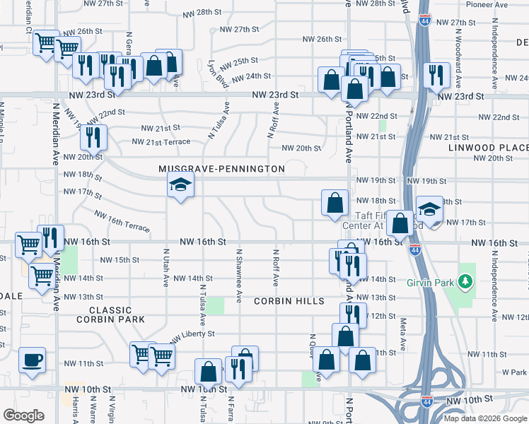 map of restaurants, bars, coffee shops, grocery stores, and more near 1732 North Roff Avenue in Oklahoma City