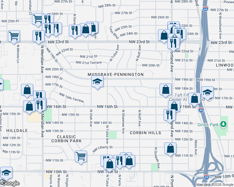 map of restaurants, bars, coffee shops, grocery stores, and more near 1727 North Sapulpa Avenue in Oklahoma City