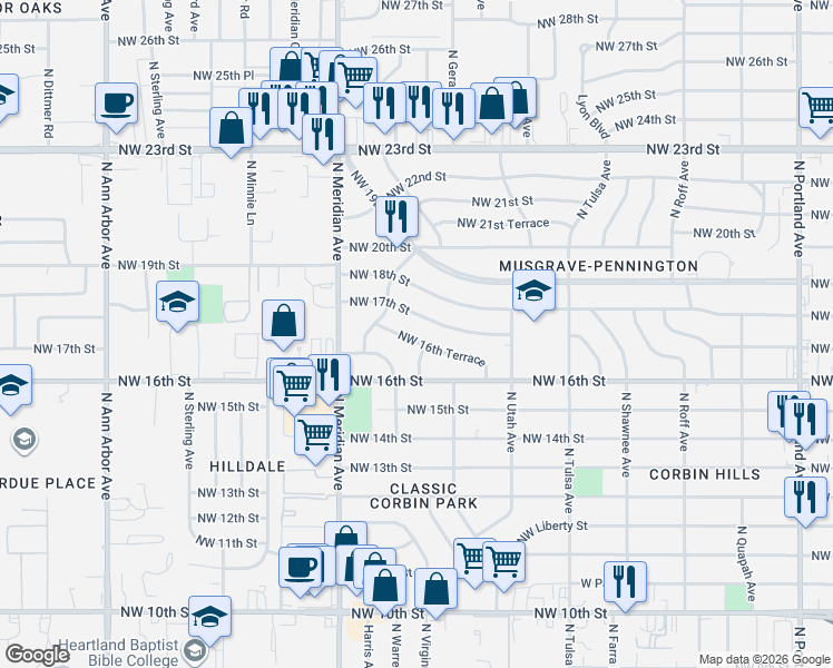 map of restaurants, bars, coffee shops, grocery stores, and more near 1720 North Vermont Avenue in Oklahoma City