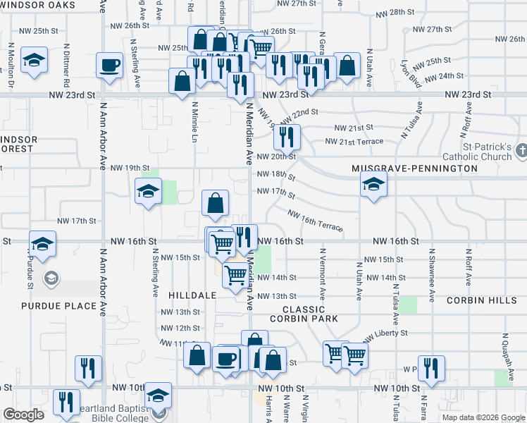 map of restaurants, bars, coffee shops, grocery stores, and more near 4435 Northwest 16th Place in Oklahoma City