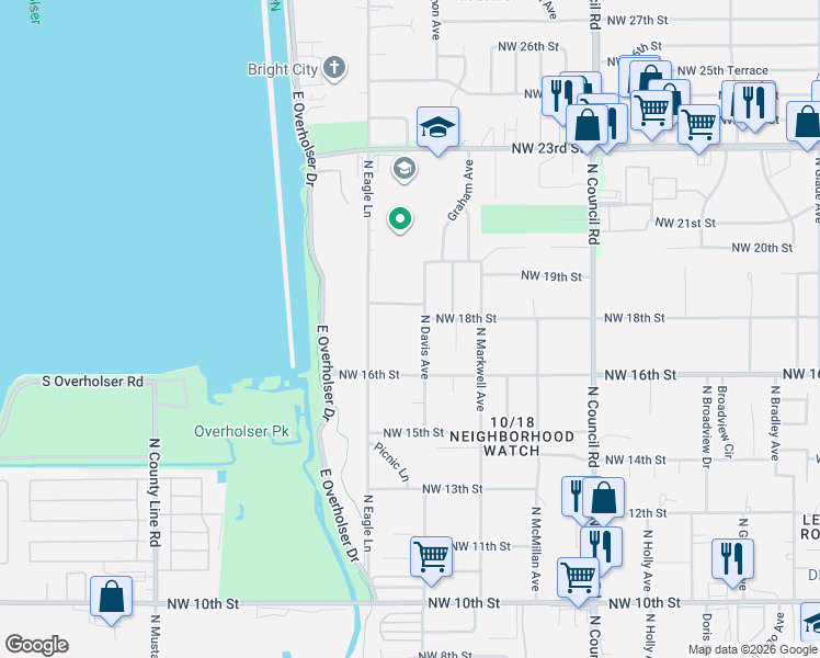 map of restaurants, bars, coffee shops, grocery stores, and more near 1770 North Eagle Lane in Oklahoma City