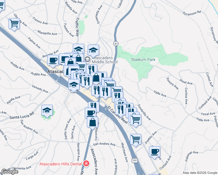 map of restaurants, bars, coffee shops, grocery stores, and more near 7065 Santa Ysabel Avenue in Atascadero